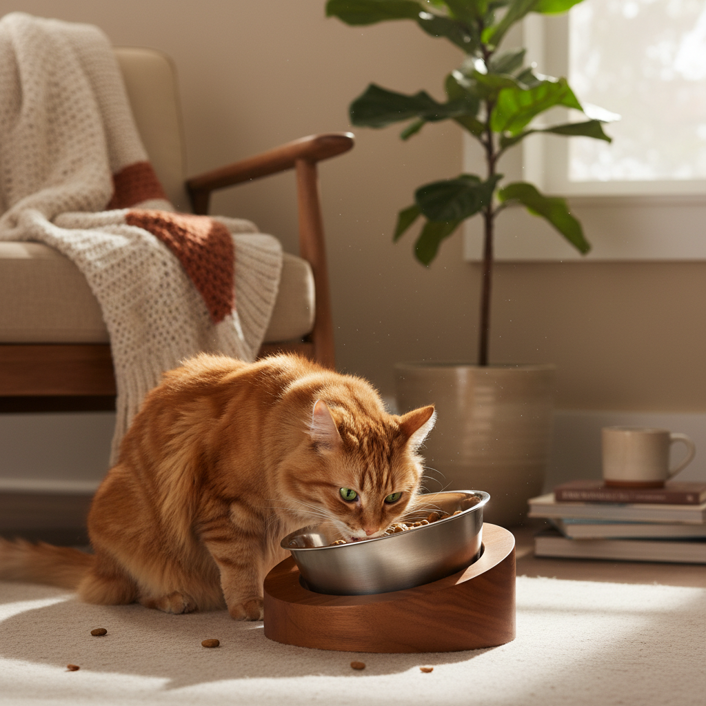 Gato comiendo en tazón inclinado de acero inoxidable
